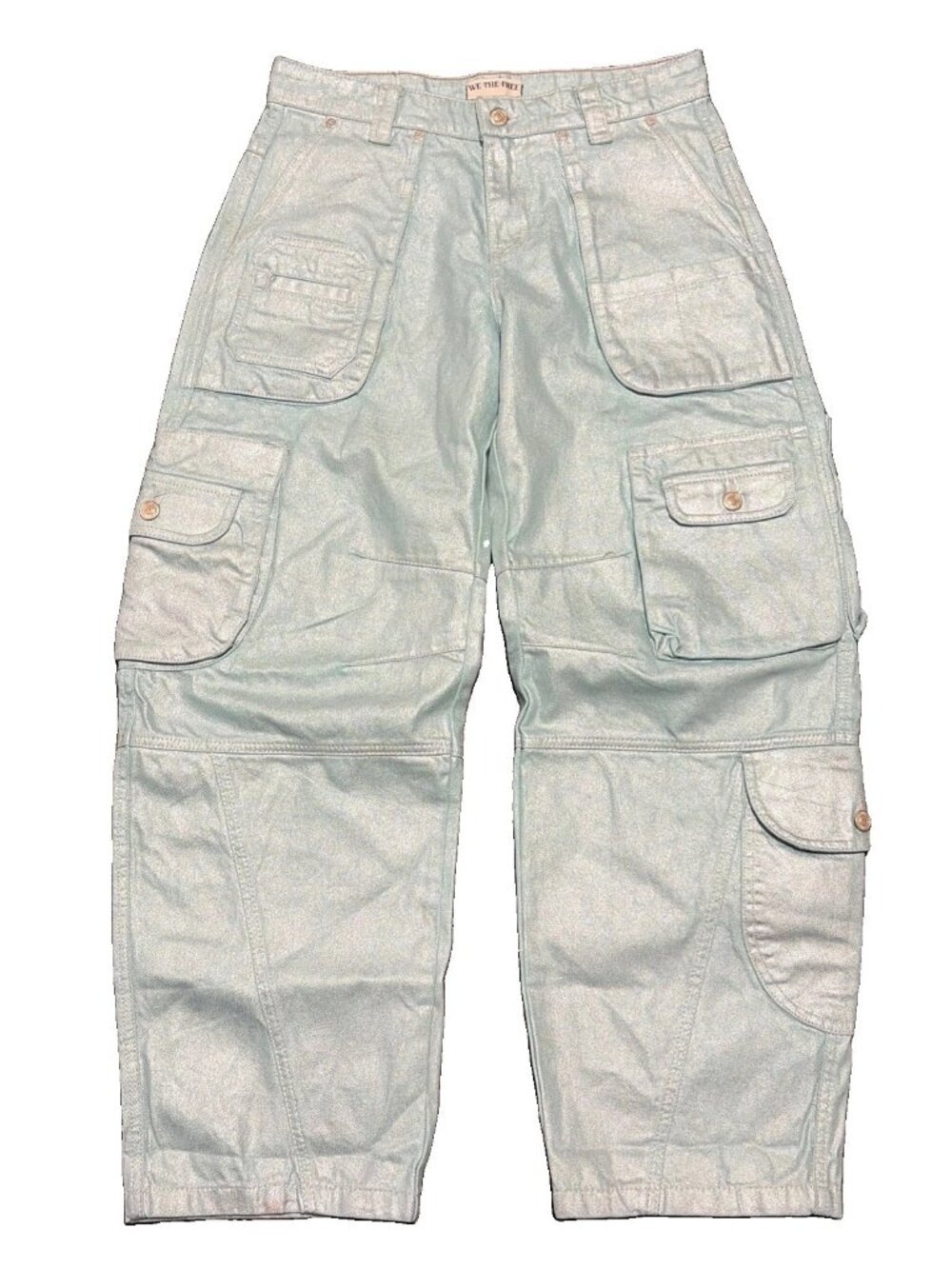 Free People Lap Of Luxury Low Rise Barrel Cargo Jeans Size 26 Aquamarine Shimmer